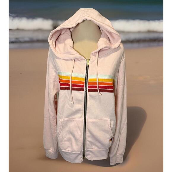 Aviator Nation Full Zip Hoodie Med 5 Stripe Light Pink/Rainbow White NWT $196 - Picture 15 of 16